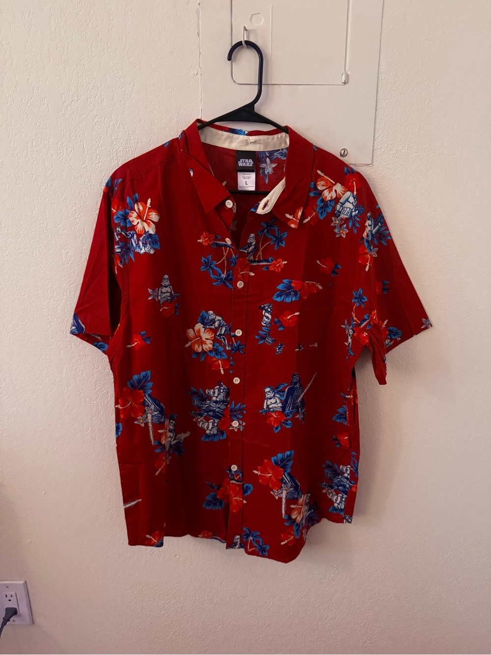 Star Wars Tiki Button-Down Red Shirt with Blue Floral Print